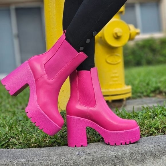 Women's Platform Heel Boots Chunky Ankle Pink Color - Picture 3 of 7